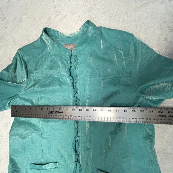 Chico's Women's Size 3 Blue 3/4 Sleeve Coat Jacket Lightweight Lined Ruffle Edge - Picture 7 of 9